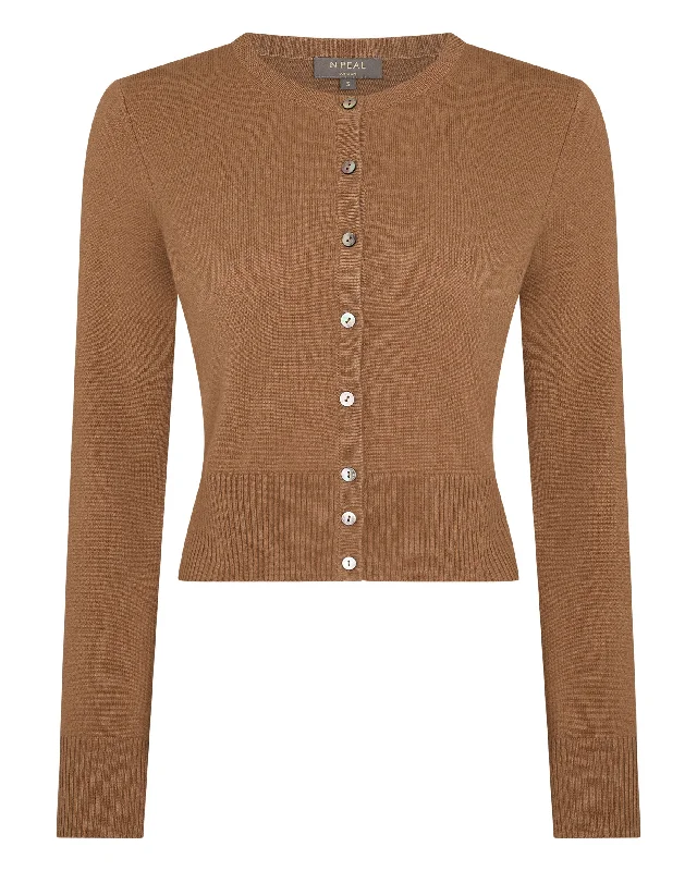 Women's Ivy Cropped Cashmere Cardigan Dark Camel Brown