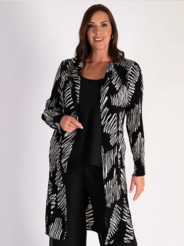 Black/White Scribble Print Longline Pleated Jacket