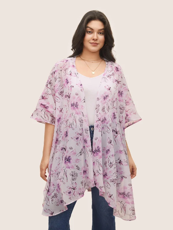 Floral Mesh Split Side Asymmetrical Hem Kimono