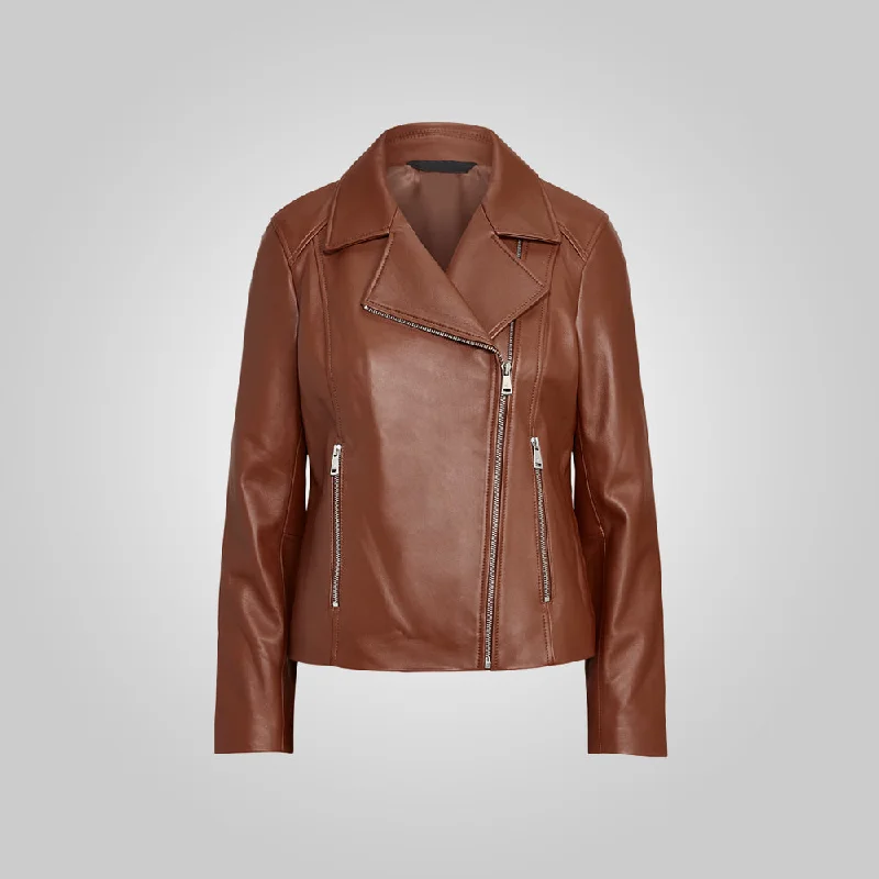 Women Brown Moto Lambskin Motorcycle Jacket