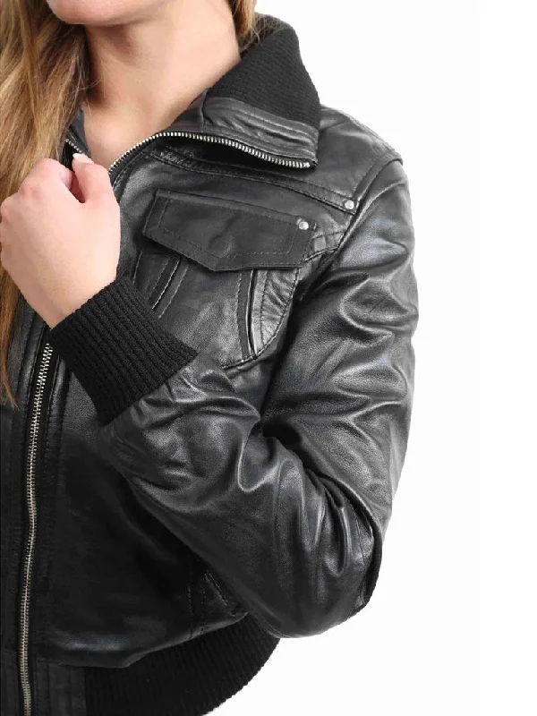 Women’s Black Leather Short Bomber Jacket