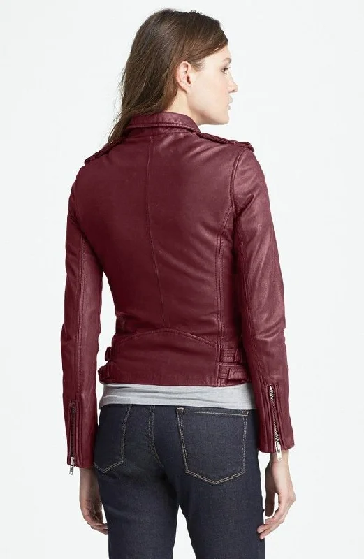 Women’s Burgundy Leather Motorcycle Jacket WJ024