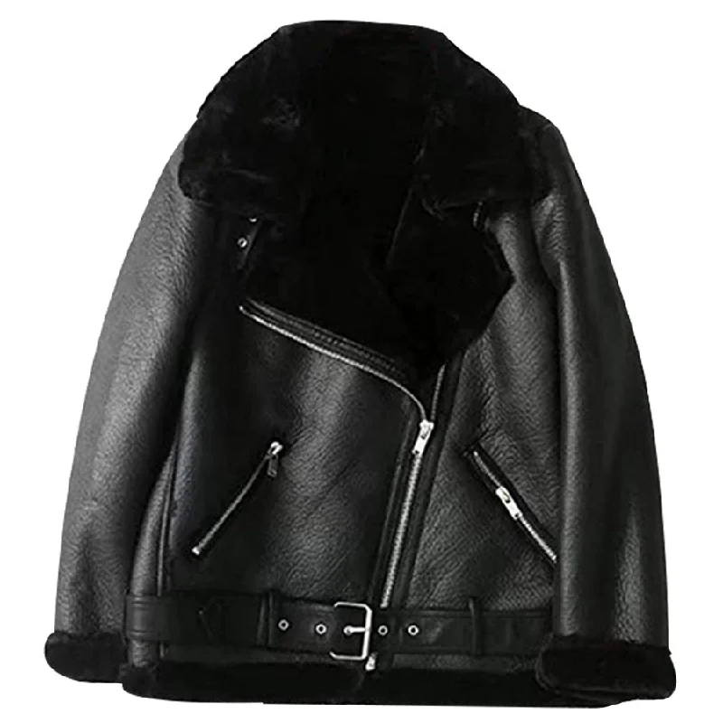 Women's Black B-3 Sheepskin Leather Bomber Jacket