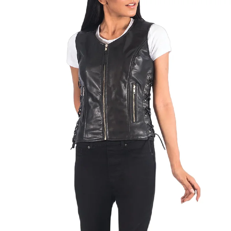 Women's Black Leather Biker Vest