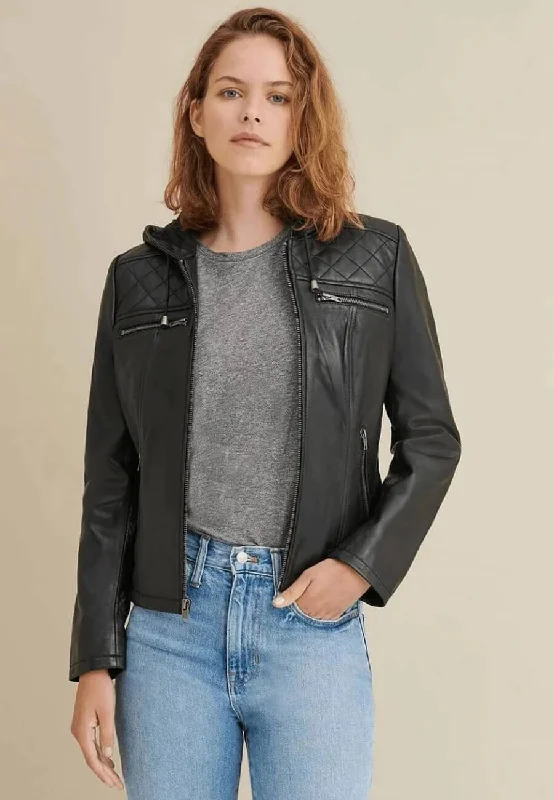 Women's Black Leather Hooded Biker Jacket