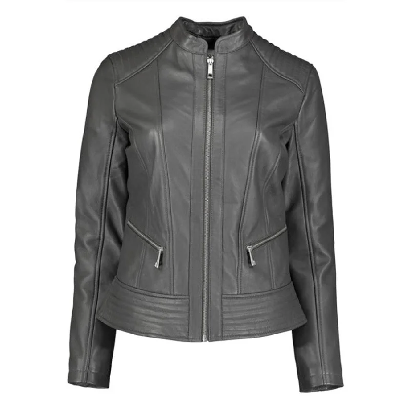 Women's Charcoal Grey Leather Biker Jacket