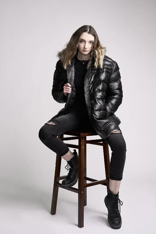 Women's Jacky Black Puffer Winter Down Leather Jacket with Fur