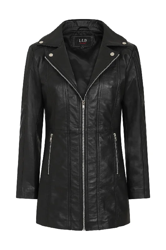 Women's Long Biker Style Leather Jacket - LINDA