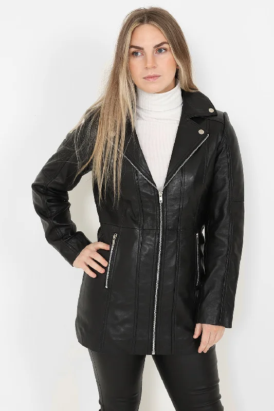 Women's Long Biker Style Leather Jacket - LINDA