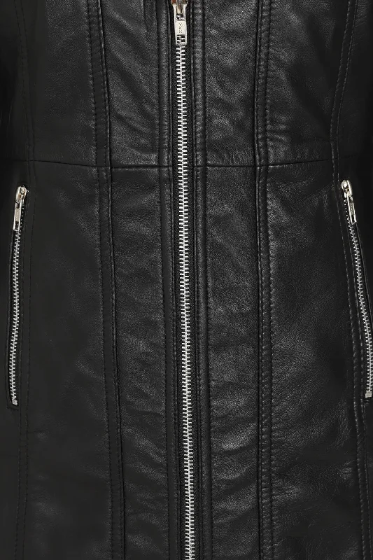 Women's Long Biker Style Leather Jacket - LINDA