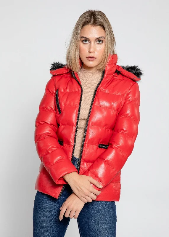 Women's Striking Puffer Arctic Red Down Leather Jacket with Fur