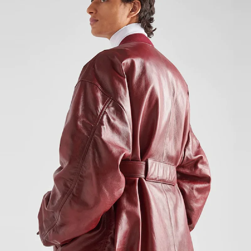 Women's Red Oversized Sheepskin Leather Bomber Jacket