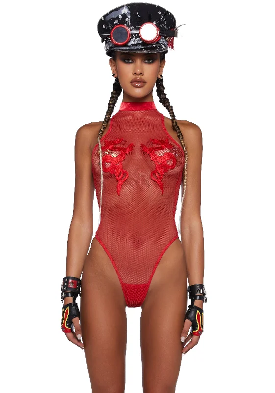 Bad Luck Dragon Fishnet Bodysuit - Red