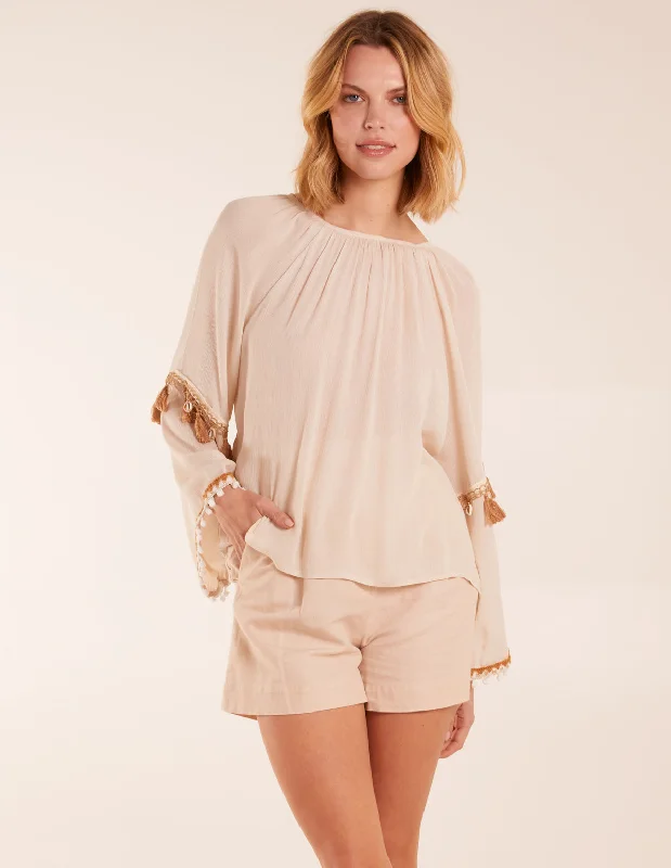 beige-tassel-wide-sleeve-blouse