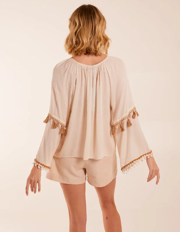 beige-tassel-wide-sleeve-blouse