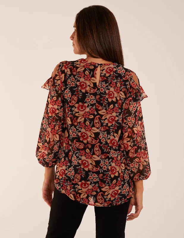 black-cold-shoulder-frill-blouse