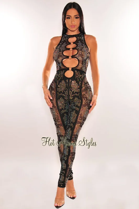 Black Rhinestone Mesh O-Ring Cut Out Sleeveless Jumpsuit