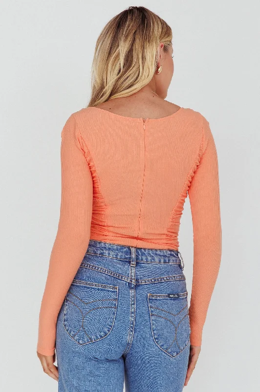 bobbi-long-sleeve-ruched-side-ribbed-bodysuit-orange