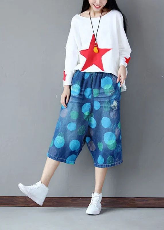 boho-blue-elastic-waist-dot-print-cotton-wide-leg-crop-pants-summer