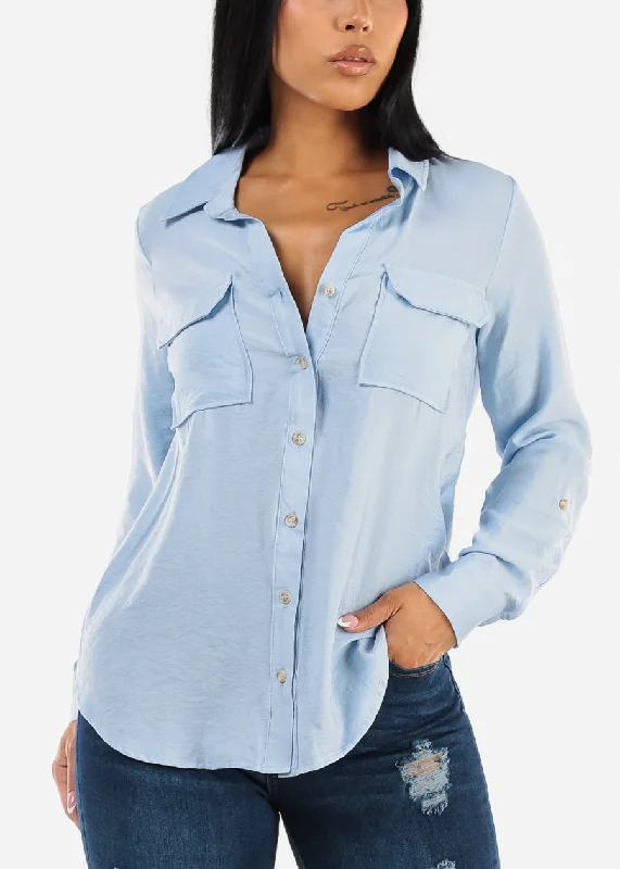 Button Down Long Sleeve Shirt Light Blue w Pockets