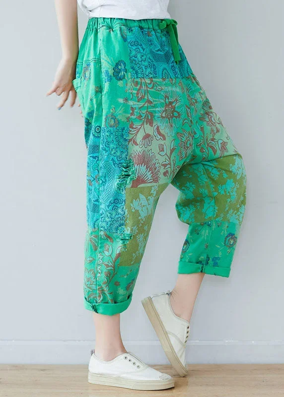 Chic Green Elastic Waist Oversized Print Cotton Harem Pants Spring