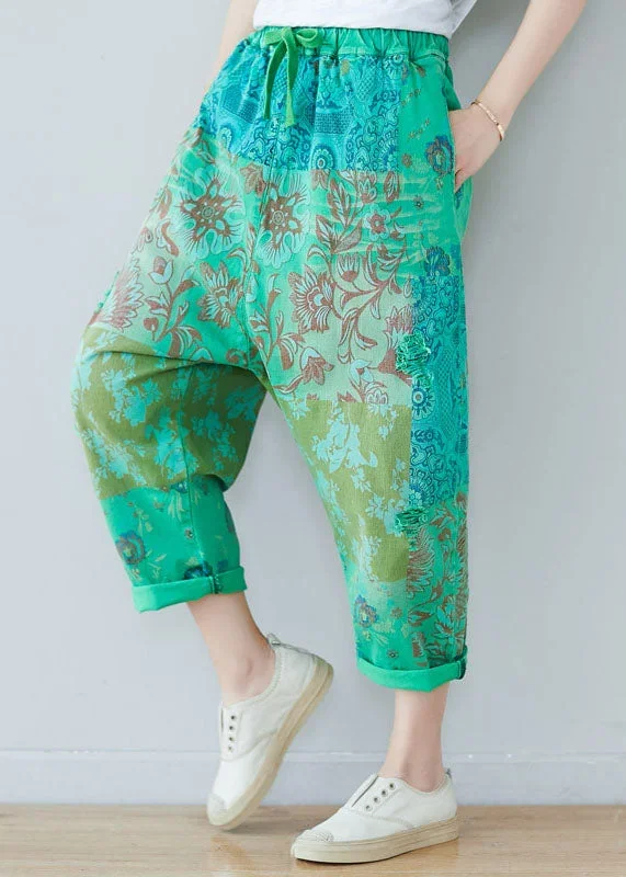 chic-green-elastic-waist-oversized-print-cotton-harem-pants-spring