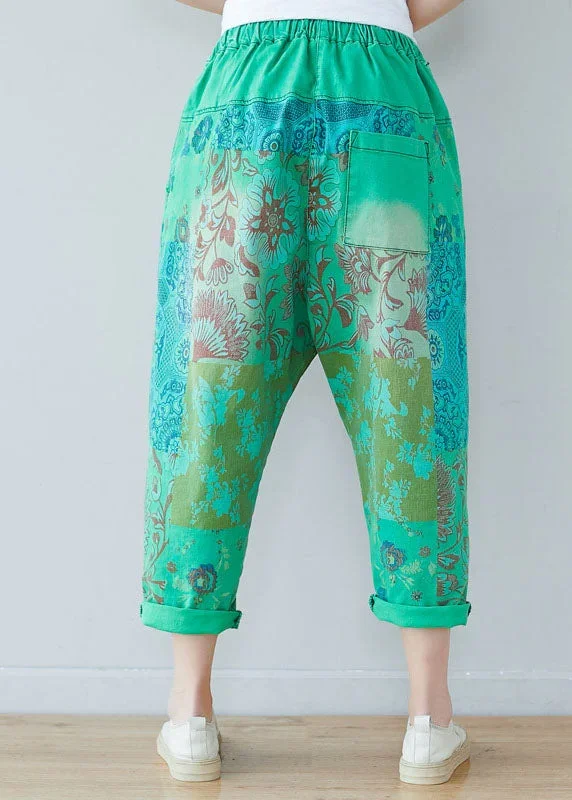 chic-green-elastic-waist-oversized-print-cotton-harem-pants-spring