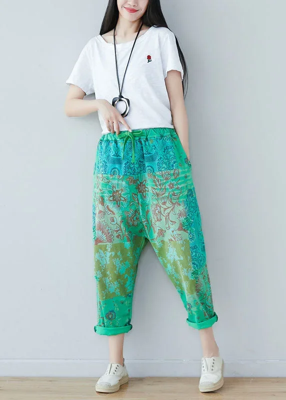 chic-green-elastic-waist-oversized-print-cotton-harem-pants-spring