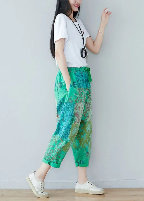 chic-green-elastic-waist-oversized-print-cotton-harem-pants-spring