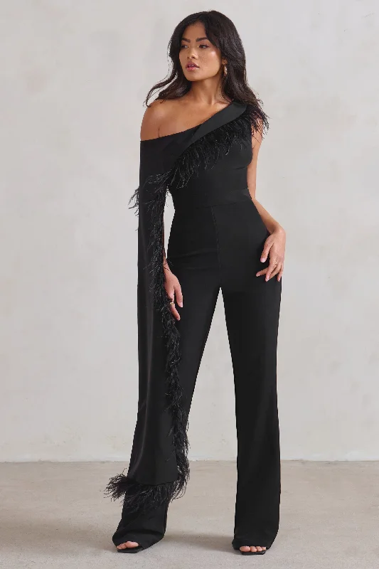 Cindy | Black One-Shoulder Cape Jumpsuit with Feather Trim