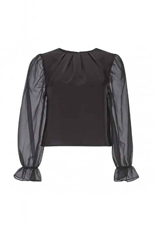 double-second-black-organza-puff-sleeve-satin-top