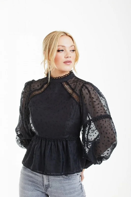 double-second-black-polka-dot-organza-puff-sleeve-top