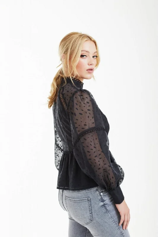 double-second-black-polka-dot-organza-puff-sleeve-top