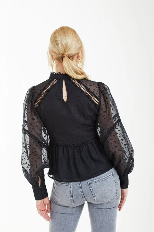 double-second-black-polka-dot-organza-puff-sleeve-top