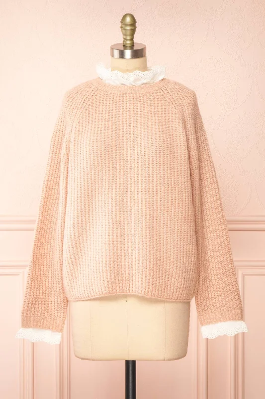 Eliona Pink | Knit Sweater w/ Embroidered Openwork Collar