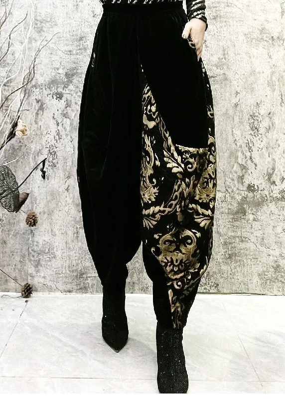 fashion-black-embroideried-pockets-patchwork-corduroy-lantern-pants-spring