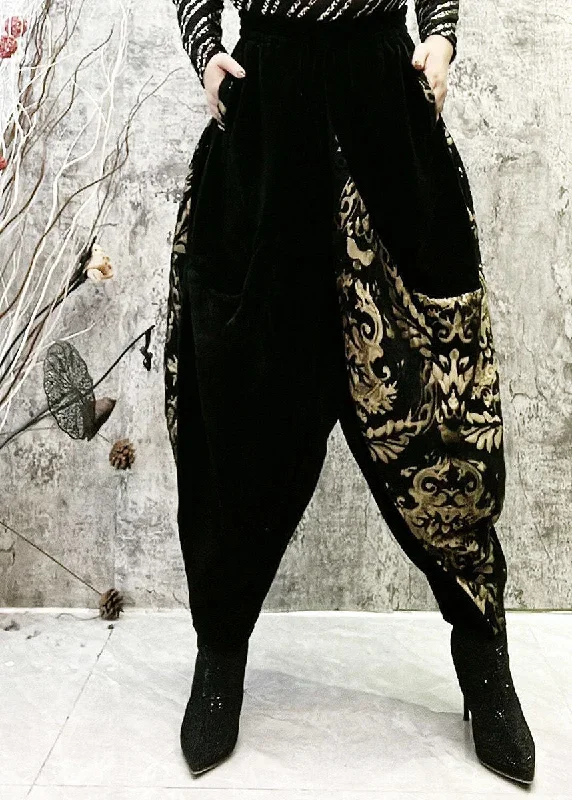 fashion-black-embroideried-pockets-patchwork-corduroy-lantern-pants-spring