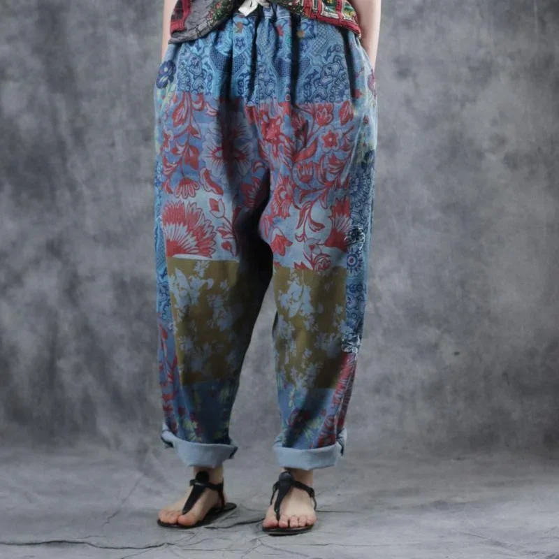 French blue print cotton Long harem pants elastic waist Plus Size summer pant