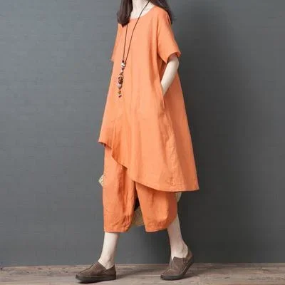 French orange clothes For Women plus size Cotton Linen Solid Loose Irregular Blouse And Pants