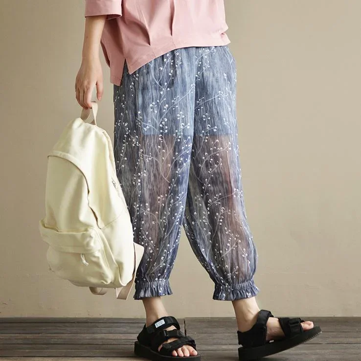 gray summer print chiffon pants plus size elastic waist lantern pants