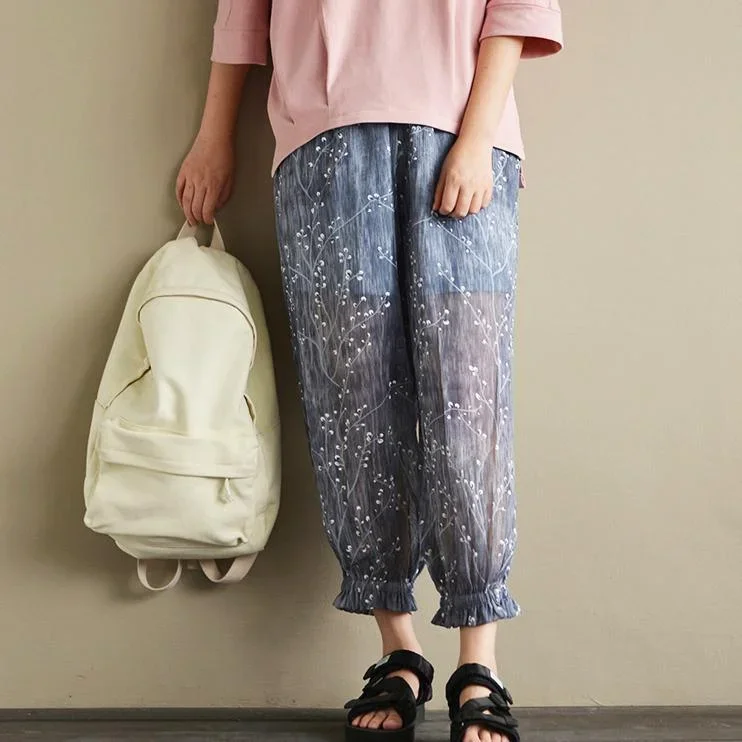 gray-summer-print-chiffon-pants-plus-size-elastic-waist-lantern-pants