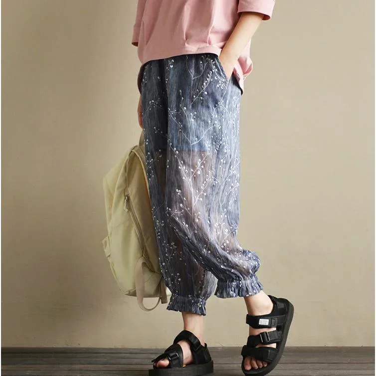 gray-summer-print-chiffon-pants-plus-size-elastic-waist-lantern-pants