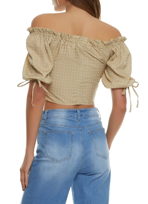 khaki-polka-dot-ruched-zip-front-off-the-shoulder-top-1004038342466