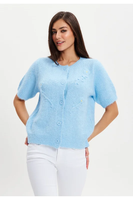 Liquorish Blue Knitted Floral Short Sleeve Cardigan