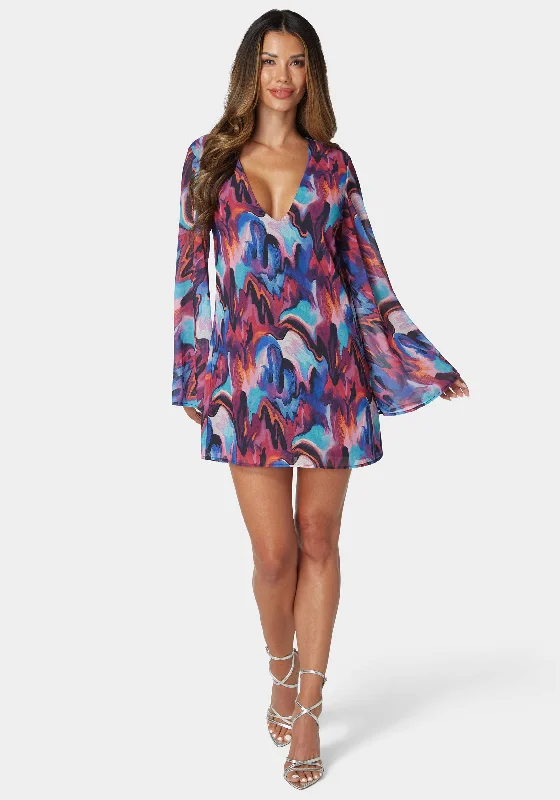 Long Sleeve Printed Trapeze Dress