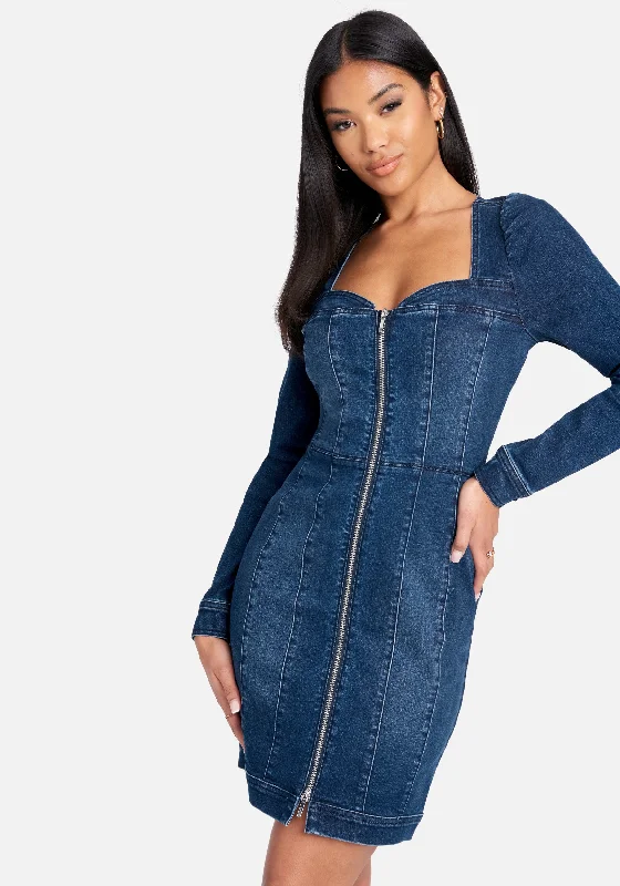 Long Sleeve Zip Front Bustier Denim Dress