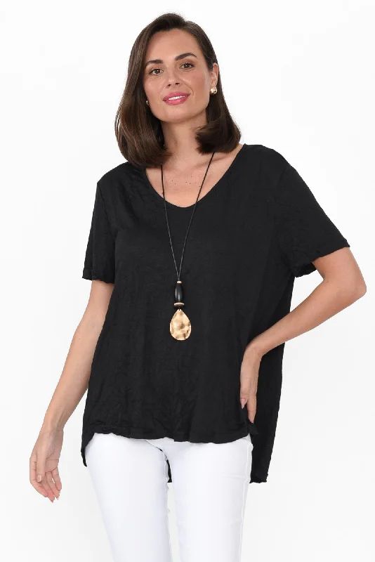 Marley Black Crinkle Cotton Short Sleeve Top