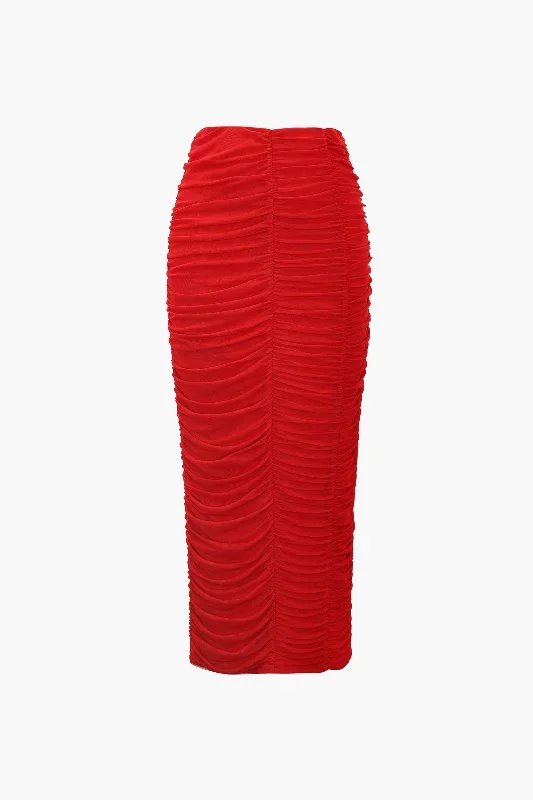 Gathered Mesh Back Slit Midi Skirt