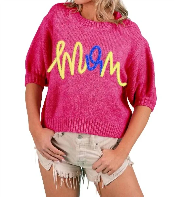 Metallic Letter Short Puff Sleeve Hairy Sweater In Fuchsia