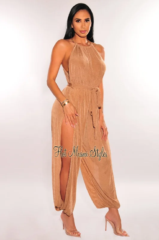 Mocha Shimmery Slit Hem Belted Harem Jumpsuit